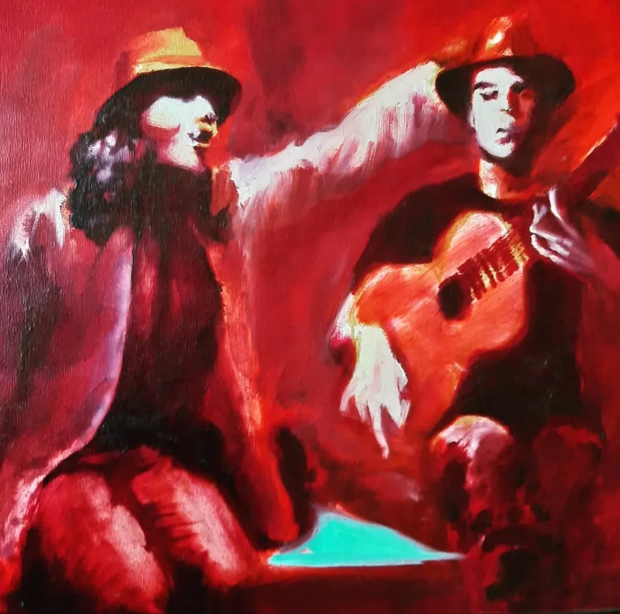 Pintura a l'oli en tons vermells: un cantant amb barret i braç enlaire i un guitarrista amb barret tocant la guitarra